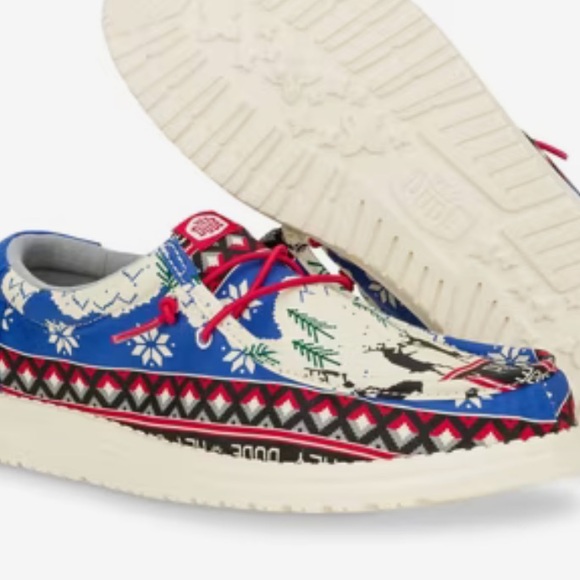 Hey Dude Christmas Blue and Red Patterned Shoes - Picture 1 of 7